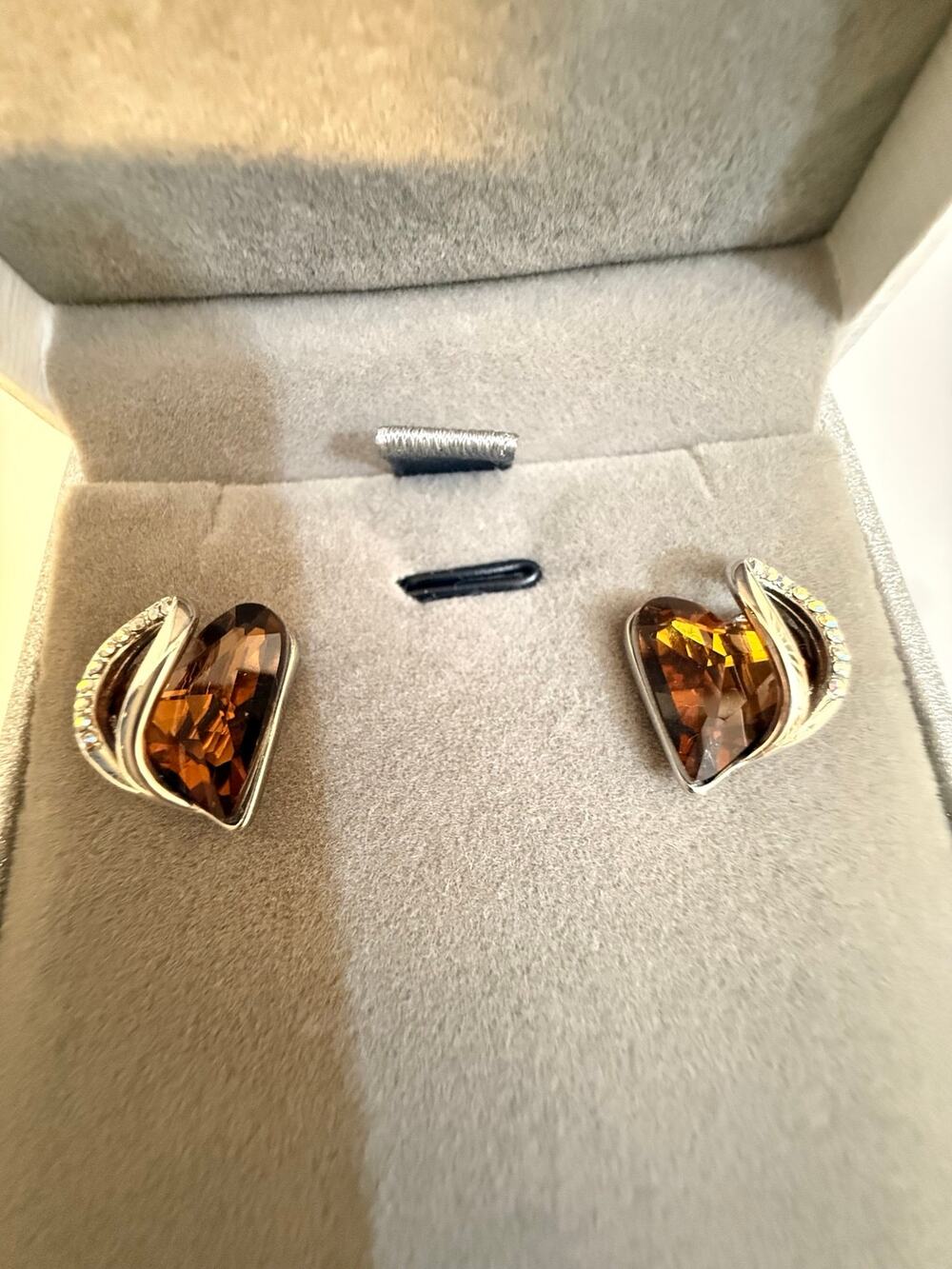 Amber Color Faceted Stone Stud Earrings Silver Tone Boxed